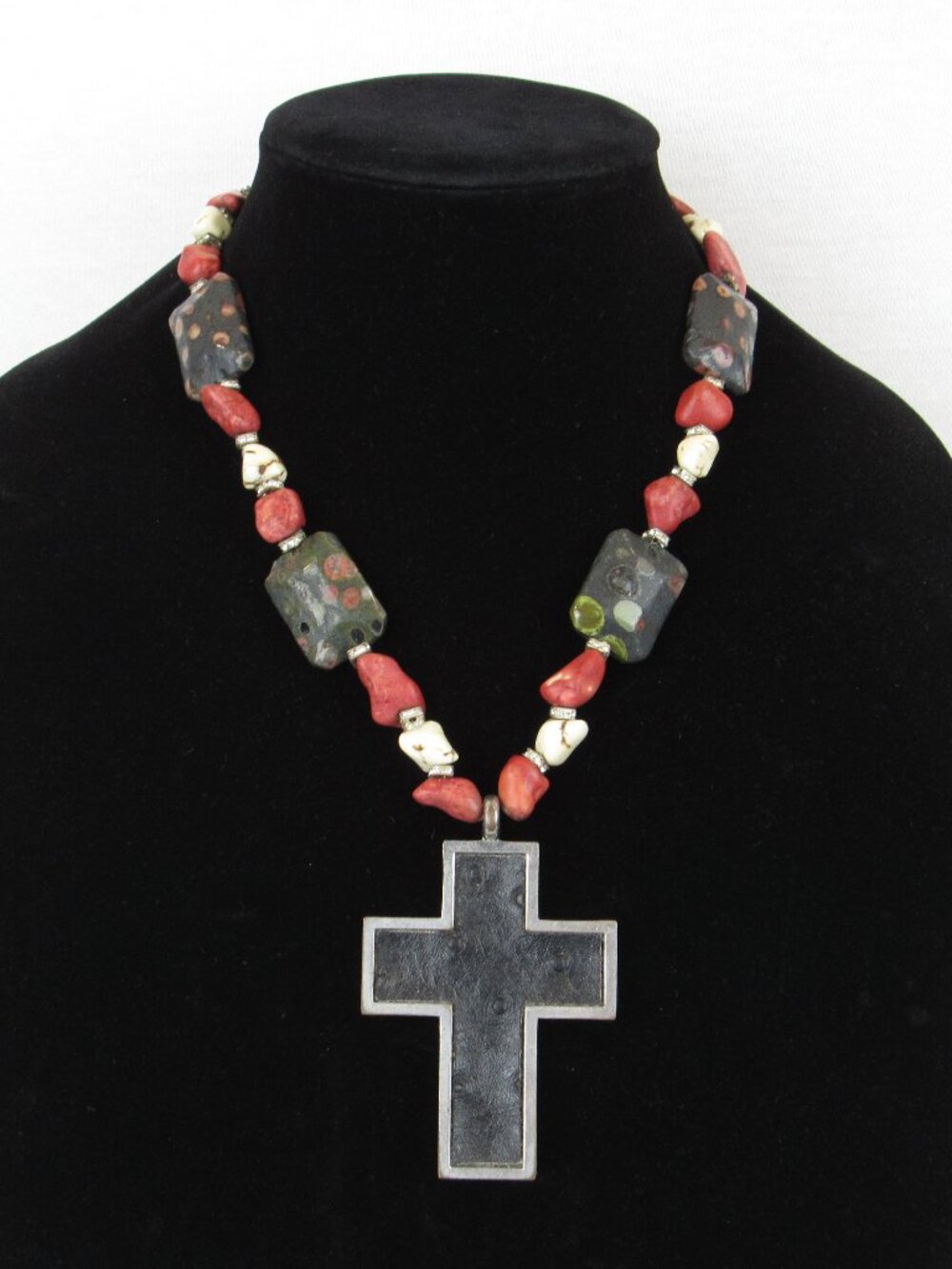 Chunky Beaded Cross Pendant Necklace Red Black Cream Southwestern Boho Statement